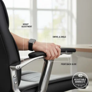 Padded 4D adjustable armrests providing customisable support for heavier users in a home office.