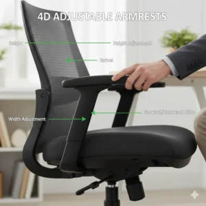 Multi-directional 4D armrests on an ergonomic chair adjusted to reduce shoulder and neck strain for computer users.