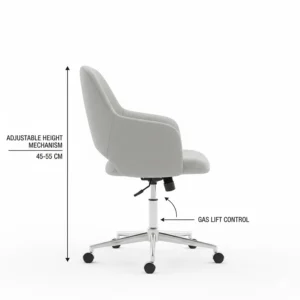 Profile view highlighting the gas lift lever used to adjust the seat height for different desk levels.