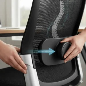 Diagram showing the adjustable lumbar support of an ergonomic chair protecting the lower back during long coding sessions.