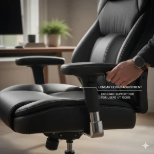 Close-up of adjustable lumbar support on a 150kg capacity executive chair to prevent back pain.