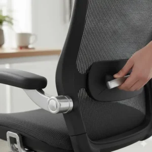 Close-up of the adjustable lower back support on a breathable mesh swivel chair.