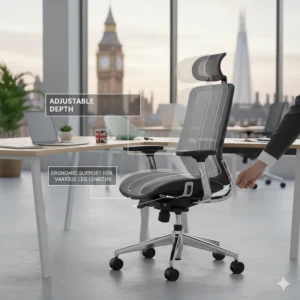 A close-up of the breathable mesh headrest, designed to provide essential neck support and heat relief for long hours at a desk.