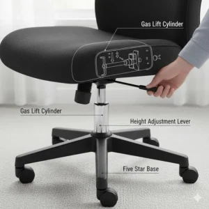 Diagram showing the gas lift mechanism for adjusting seat height on a fabric swivel chair under £150.