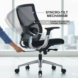 A demonstration of 4D multi-directional adjustable armrests on a modern mesh chair, designed to provide bespoke support and reduce shoulder strain.
