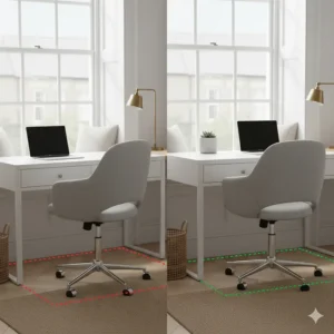 Side-by-side comparison showing how an armless swivel chair slides fully under a small desk to save floor space.