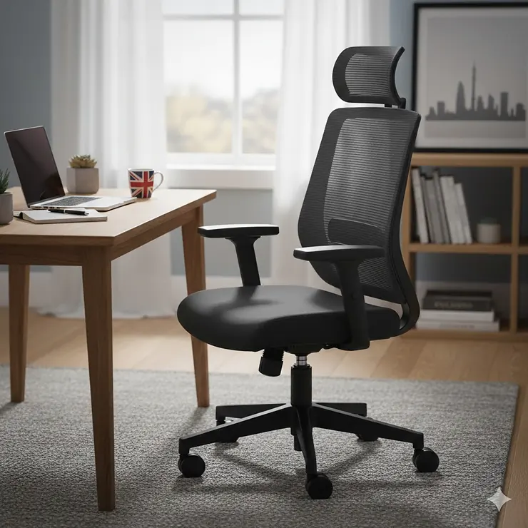 A high-back black ergonomic office chair with lumbar support and mesh backrest, positioned at a wooden desk in a bright UK home office. budget ergonomic office chair under 150