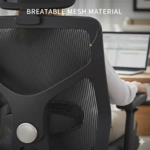 Detailed view of the breathable mesh backrest on an orthopaedic office chair, promoting airflow and comfort for UK office workers.