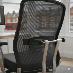 Rear view of a breathable mesh backrest on an affordable operator chair to prevent overheating in a home office.