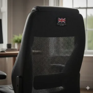 Breathable mesh backrest on a high-weight capacity executive chair for improved airflow and comfort.