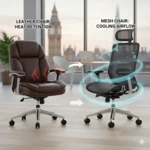 A detailed close-up of the adjustable lumbar support on a grey mesh backrest, highlighting ergonomic comfort for UK office workers.