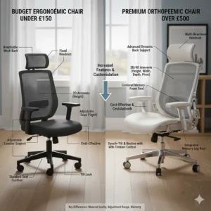 An infographic comparing features of a budget ergonomic chair under £150 versus a premium orthopaedic model.