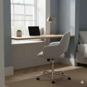 An armless task chair styled in a minimalist bedroom alcove desk, ideal for compact British flats.