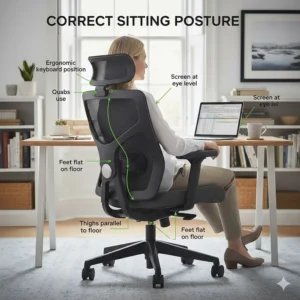 A diagram showing the ideal 90-degree sitting posture and spinal alignment provided by a high-quality ergonomic office chair.