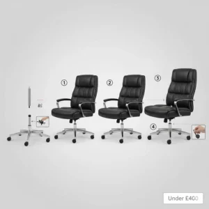 Step-by-step assembly guide for a leather executive swivel chair, highlighting the simple set-up process.