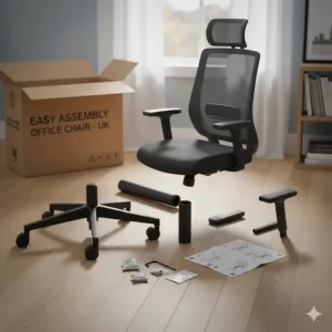 Illustration of the components included for easy self-assembly, including the 5-star base and castors.