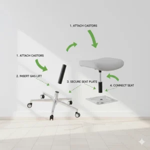 Exploded view diagram showing the simple four-step assembly process for the armless swivel chair.