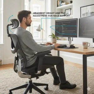 An adjustable headrest on a high-back ergonomic chair providing neck support for developers working from home.