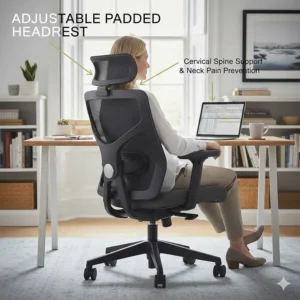 An adjustable padded headrest attached to an ergonomic office chair to prevent neck pain and support the upper spine.