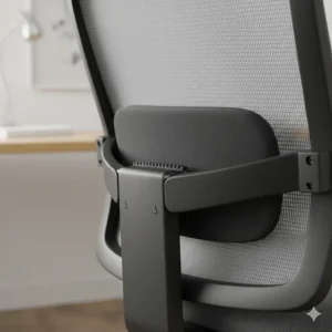 Close-up illustration of an adjustable lumbar support system on a budget ergonomic chair for lower back pain relief.