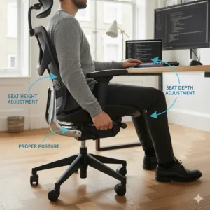 Illustration of a programmer adjusting the seat height and depth of a desk chair to ensure feet are flat on the floor.