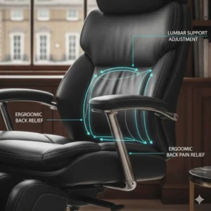 Close-up of the ergonomic lumbar support adjustment system on a professional executive chair designed for targeted back pain relief.