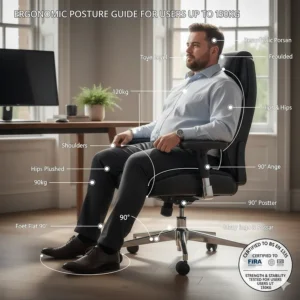 Diagram showing correct ergonomic seating posture for a heavy person using a 150kg rated executive chair.