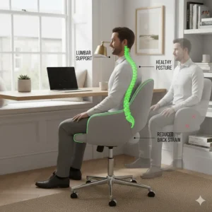 Diagram of a person sitting in a grey task chair without arms, illustrating healthy posture and lumbar support.