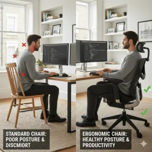 A comparison showing the poor posture of a standard dining chair versus the healthy spinal alignment of an ergonomic chair for programmers.