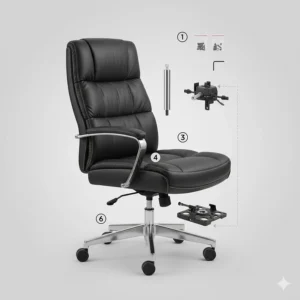 Exploded view diagram showing the components and build quality of a luxury leather office chair.