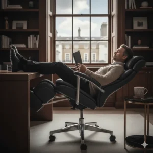 A professional man in a British home study relaxing in a fully reclined executive massage chair with the integrated footrest extended.