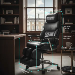 Comprehensive size guide showing the executive massage chair dimensions, including seat height, width, and depth in centimetres.