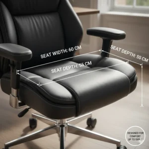 Illustration showing the extra-wide seat dimensions of an executive chair suitable for larger individuals.