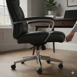 Side view showing the pneumatic gas lift lever used to adjust the seat height of the executive chair.