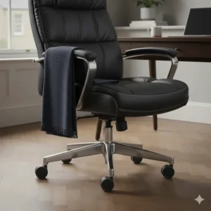 Sturdy five-point chrome base with smooth-rolling castors, designed for stability on UK office flooring.