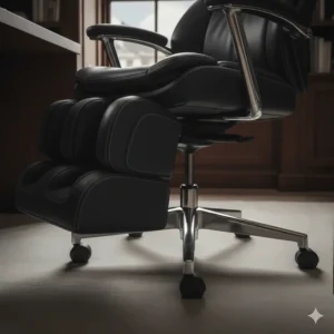 Low-angle shot of the heavy-duty polished chrome 5-star base and silent-glide castors suitable for UK office carpets and hardwood floors.