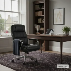 A black leather executive chair under £400 in a modern British home study with a traditional sash window.