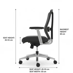 Technical drawing showing seat height and width in centimetres for a compact UK desk setup.