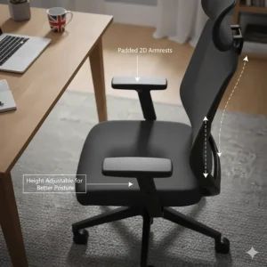 Overhead view of padded 2D armrests on an affordable office chair, highlighting height adjustability for better posture.