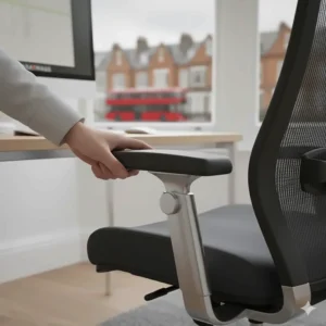 Height-adjustable padded armrests to support shoulders and neck during long typing sessions at a desk.