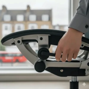 Side view showing the tilt-lock and tension control mechanism for ergonomic reclining and support.