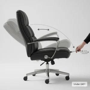 Illustration of the reclining backrest and tilt-lock mechanism for enhanced comfort during long working hours.