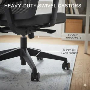 Durable swivel chair wheels suitable for both UK carpets and hardwood floors, providing smooth mobility and stability.