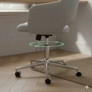 Detail view of the 360-degree swivel mechanism and chrome base with castors for easy movement.