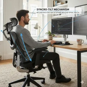 Illustration of the synchro-tilt mechanism allowing the chair back and seat to recline at a comfortable ratio for spinal health.