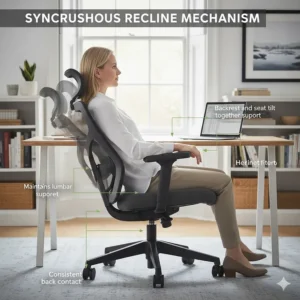 A side view of the synchronous tilt mechanism that maintains back contact and support while reclining in an ergonomic desk chair.