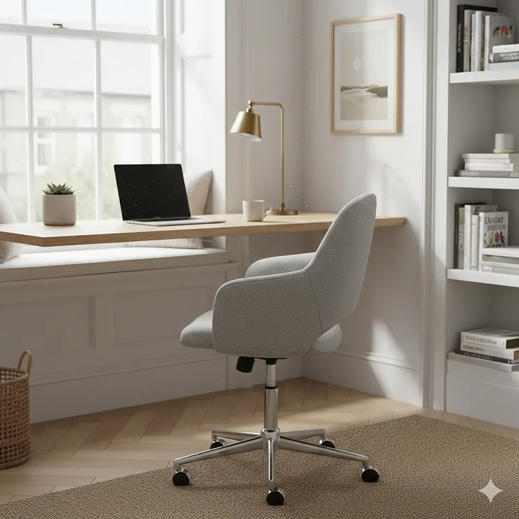 Elegant armless task chair tucked under a compact wooden desk in a bright UK home office task chair without arms for small desk spaces