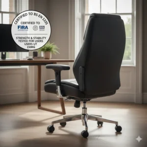 Graphic indicating the chair meets British Standards for strength and stability for users up to 150kg.