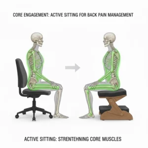 Close-up illustration of core muscle engagement and active sitting while using a kneeling stool for back pain management.