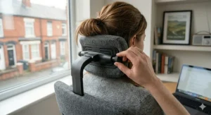 Comparison of a standard headrest vs a height-adjustable headrest that properly supports the neck of someone under 5ft.